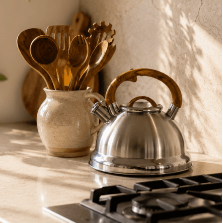 A stainless steel kettle with a wooden handle sits on a beige stone countertop next to a ceramic pot holding wooden spoons, in a sunlit kitchen setting.