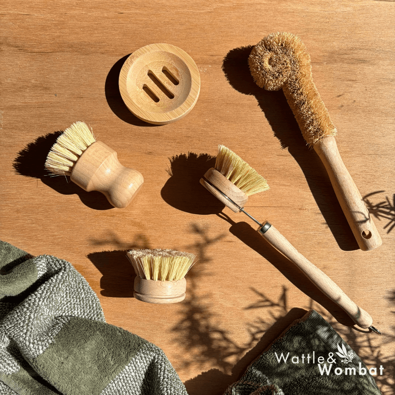 Eco Bamboo Care Kit with 5 pieces: long-handle brush, short-handle brush, cup brush, replacement head, and bamboo rest.