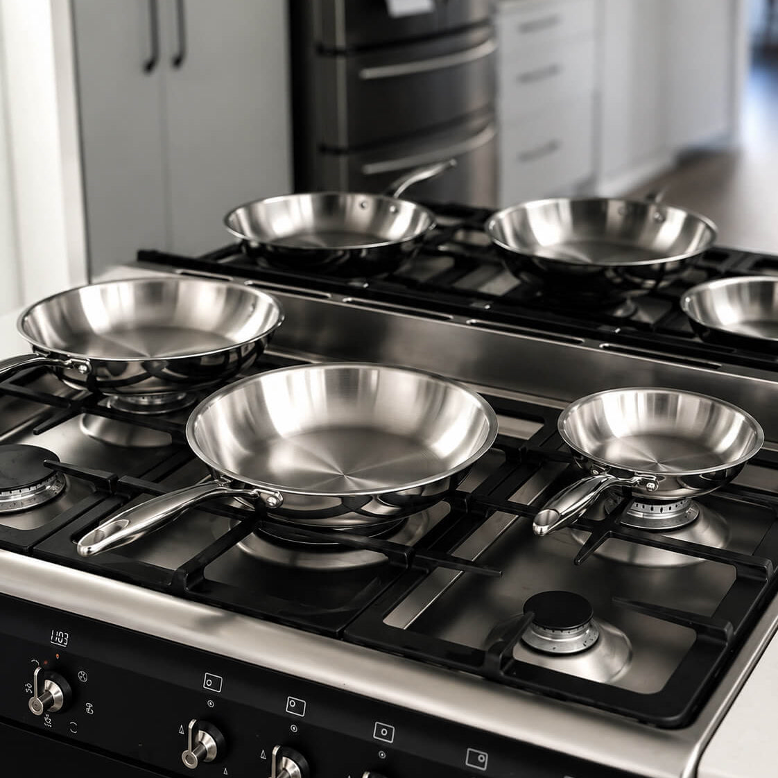 Stainless steel frying pans on a gas stove in a kitchen setting