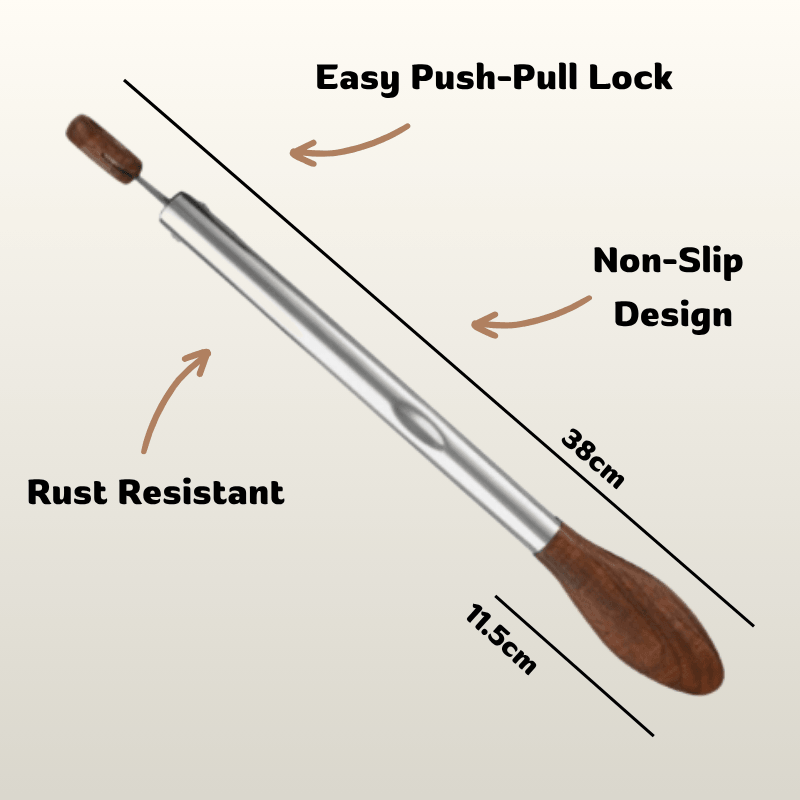 Measurement chart of a tool with labeled features on a white background